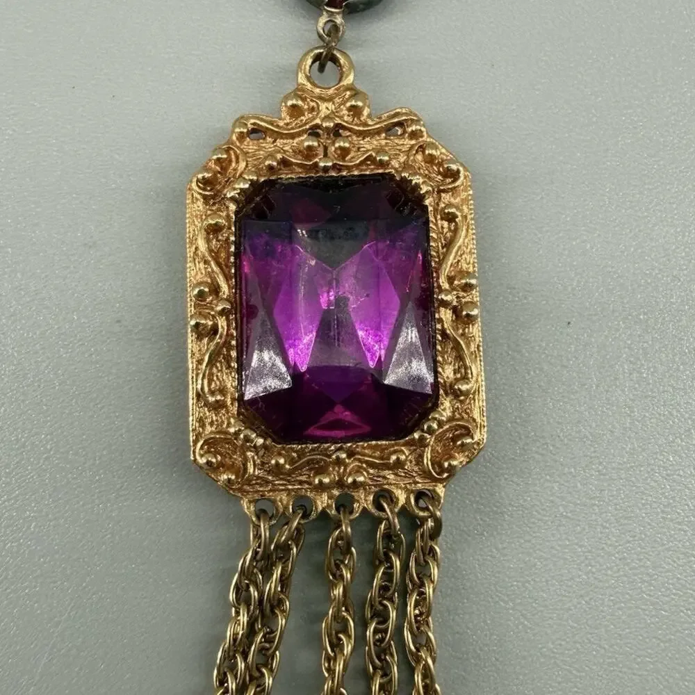 Vintage Purple Faux Gem Brooch Gold Tone Victorian Revival Purple Tassel Dangle